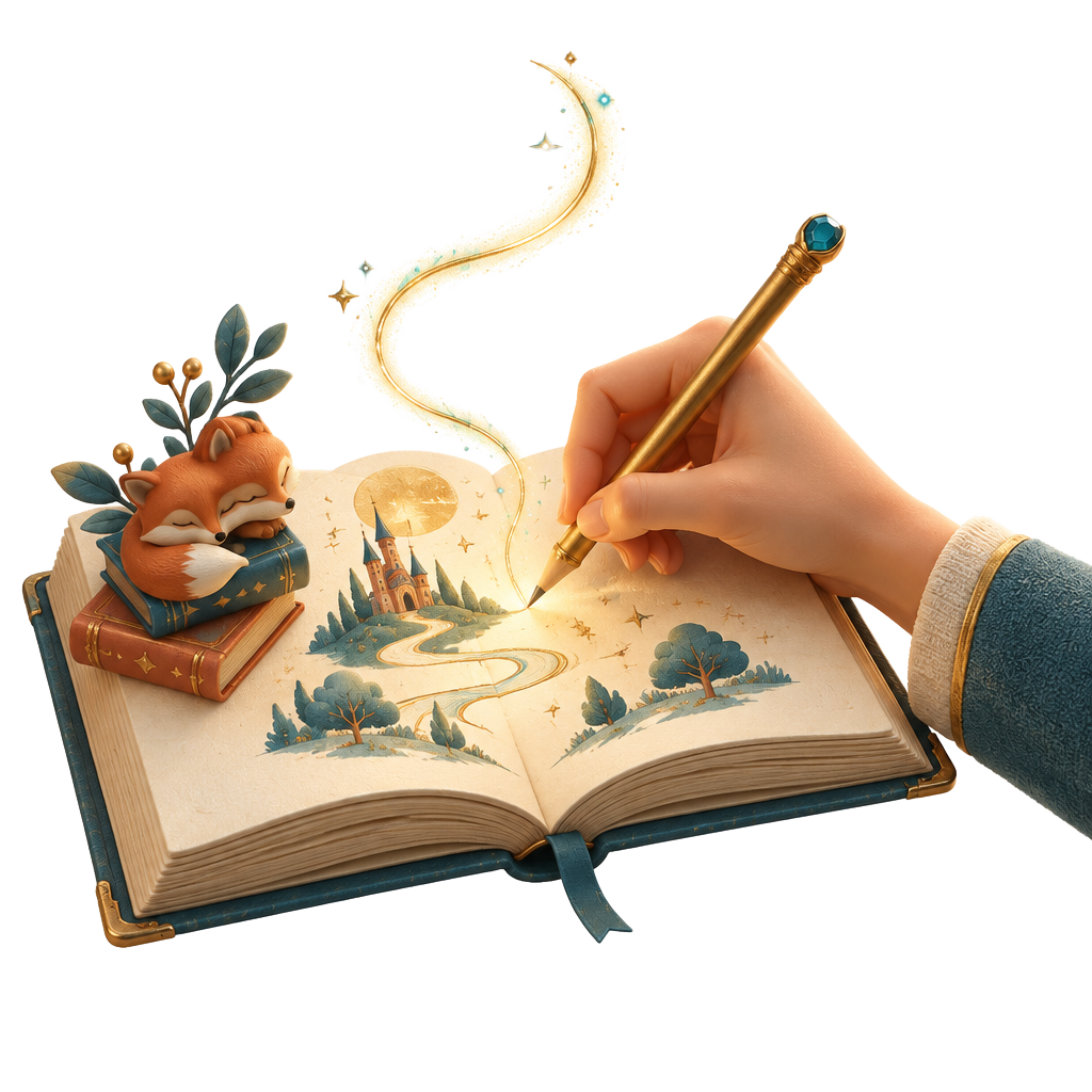 Mão desenhando uma história em um livro aberto