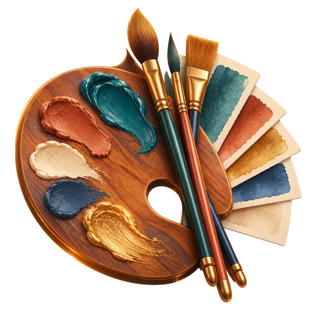 Paleta, pincéis e amostras de estilos de pintura